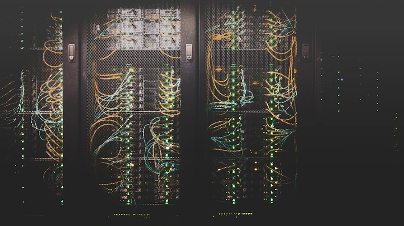 Corredores de um centro de dados com racks e luzes de status